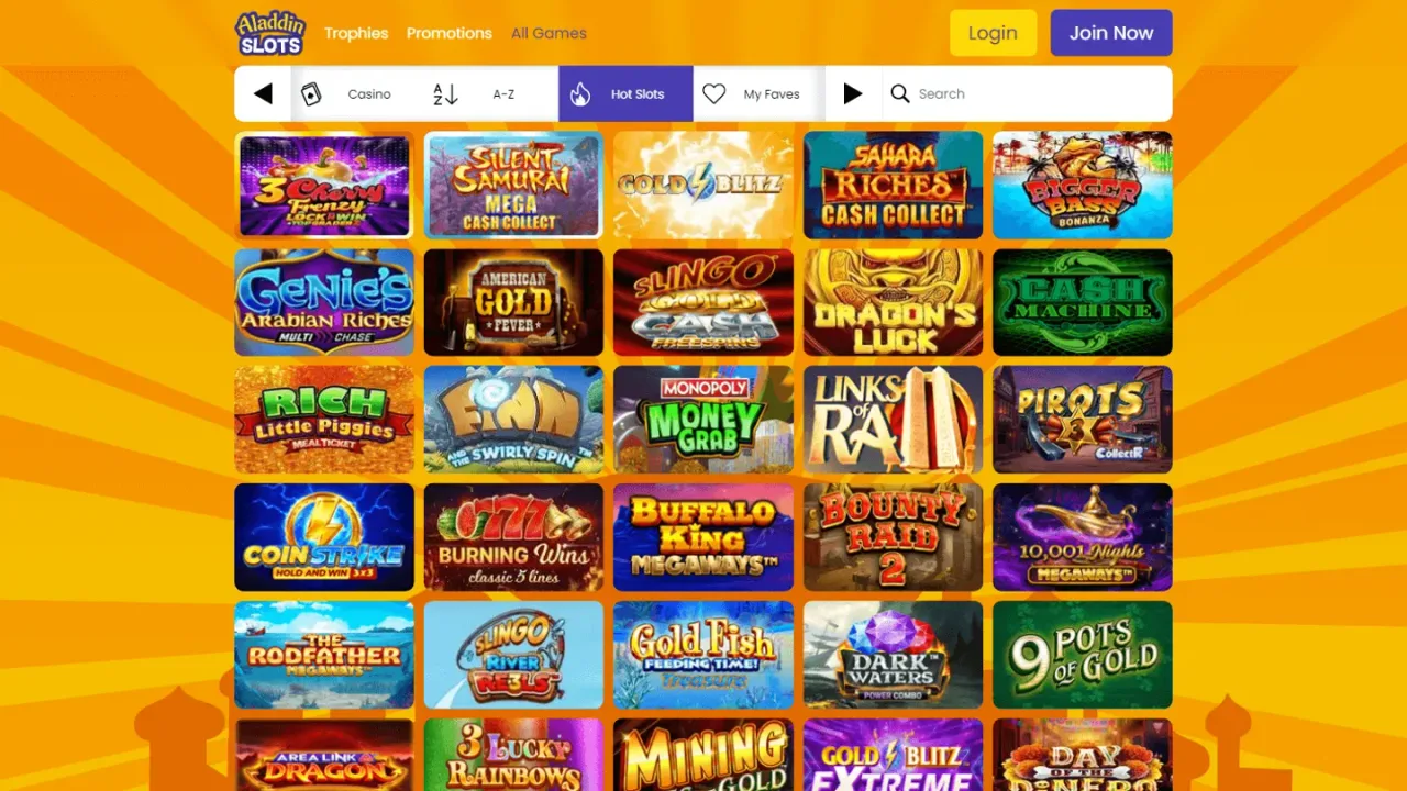 Aladdin Slots games lobby website screenshot