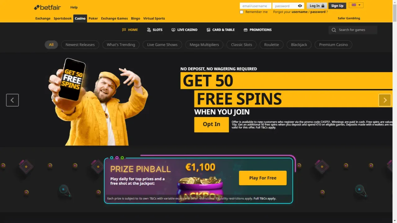 Betfair Casino casino lobby website screenshot