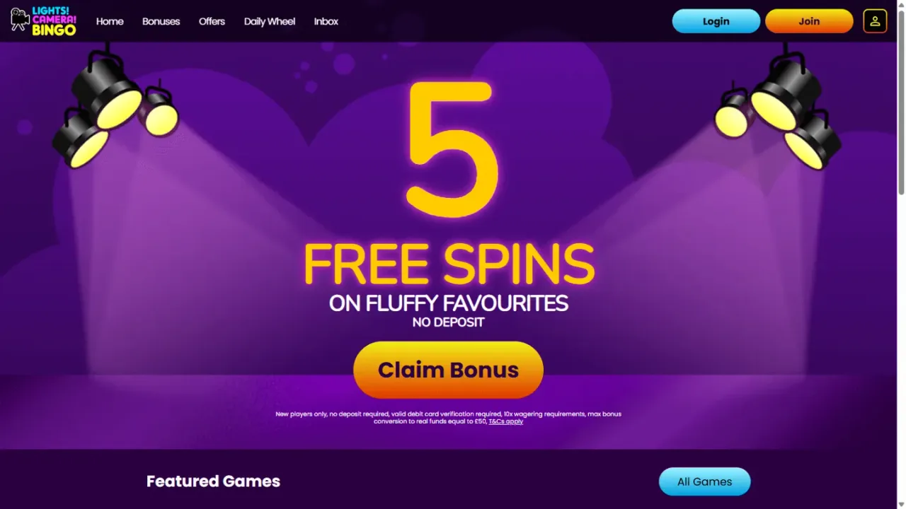 Lights Camera Bingo homepage website screenshot