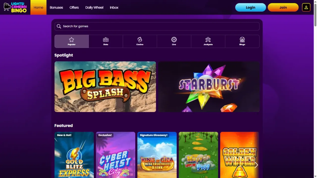 Lights Camera Bingo games lobby website screenshot
