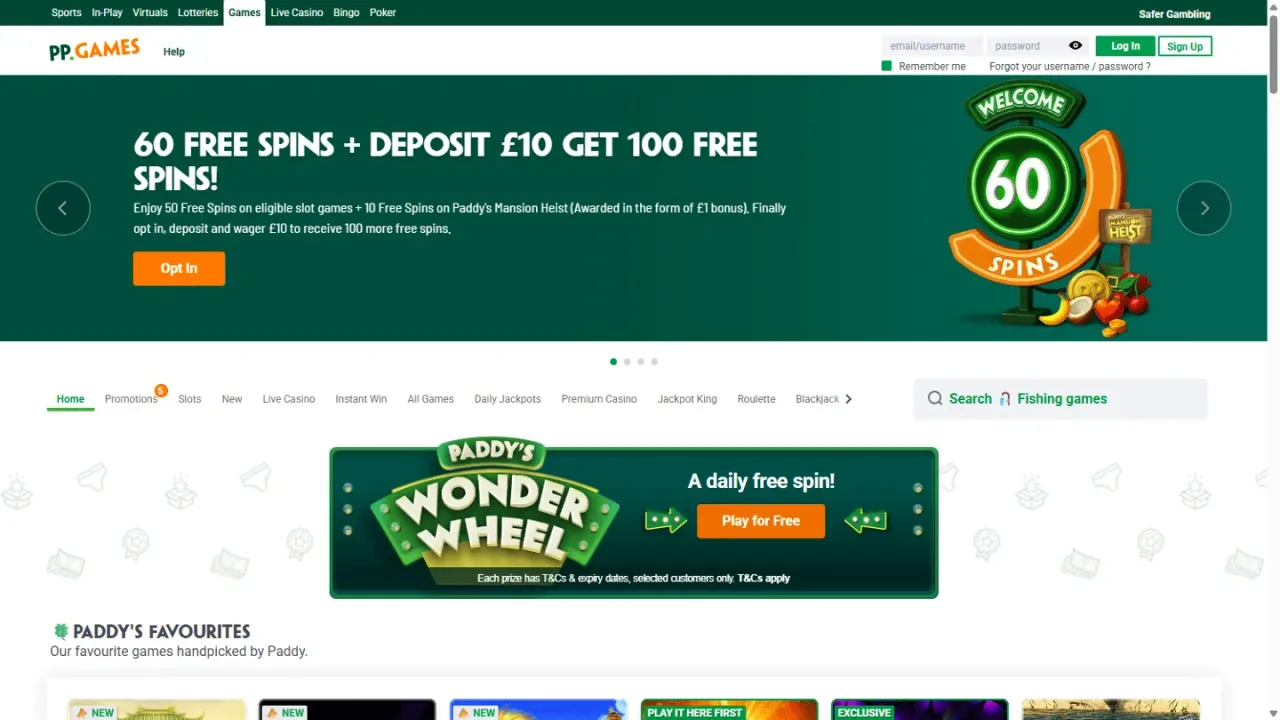 Paddy Power Games homepage website screenshot