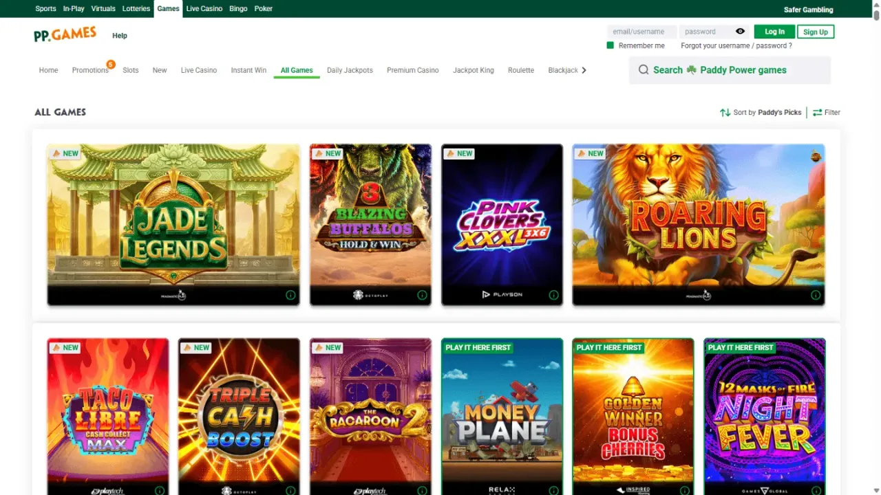 Paddy Power Games games lobby website screenshot