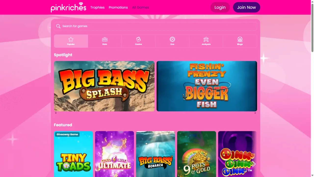 Pink Riches games lobby website screenshot