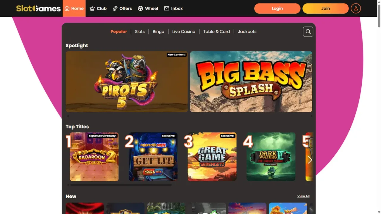 Slot Games games lobby website screenshot