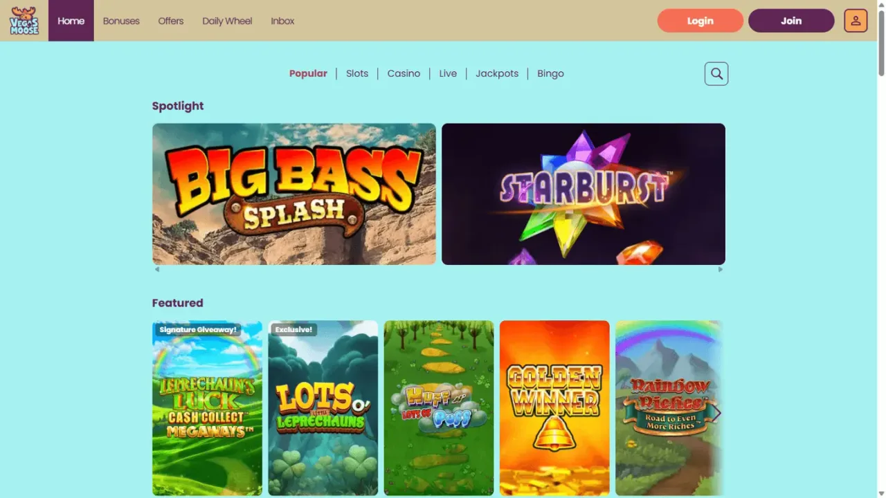 Vegas Moose games lobby website screenshot